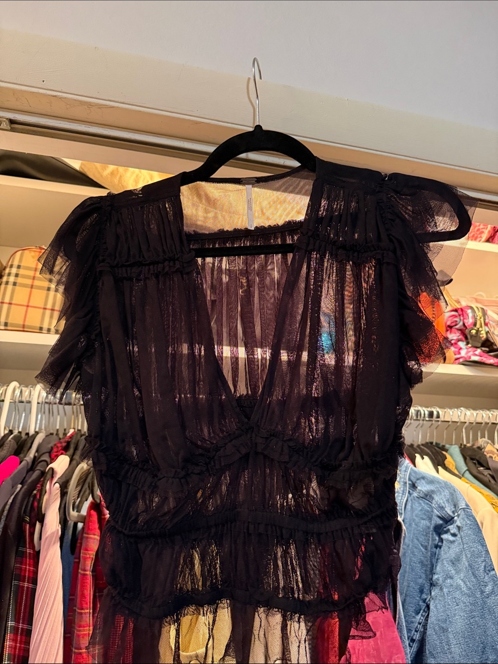 Free People Black Sheer Ruffled Crop Top